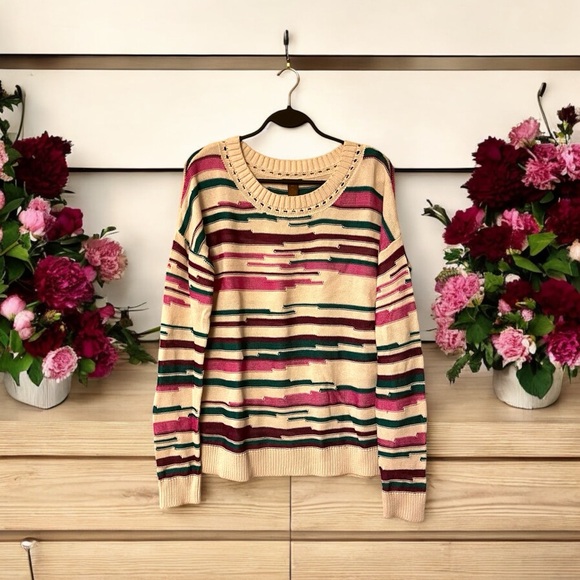 Copper Key Cream with Burgundy/Pink/Teal Stripes Knit Sweater - Picture 4 of 11